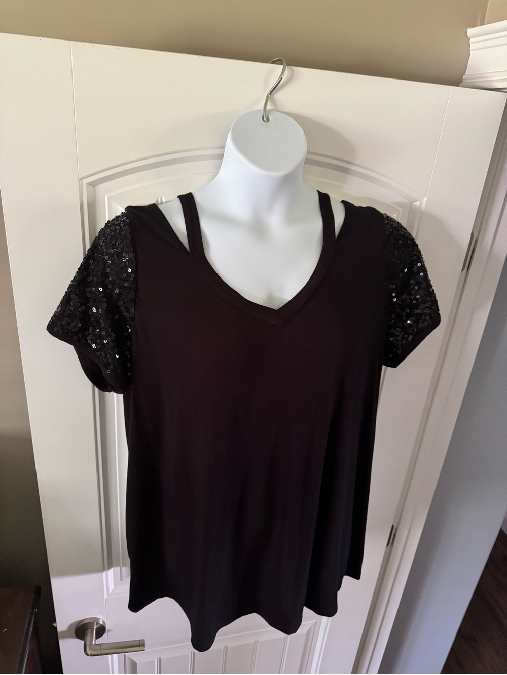 Love & Legend Black V-Neck Tee with Sequin Short Sleeves